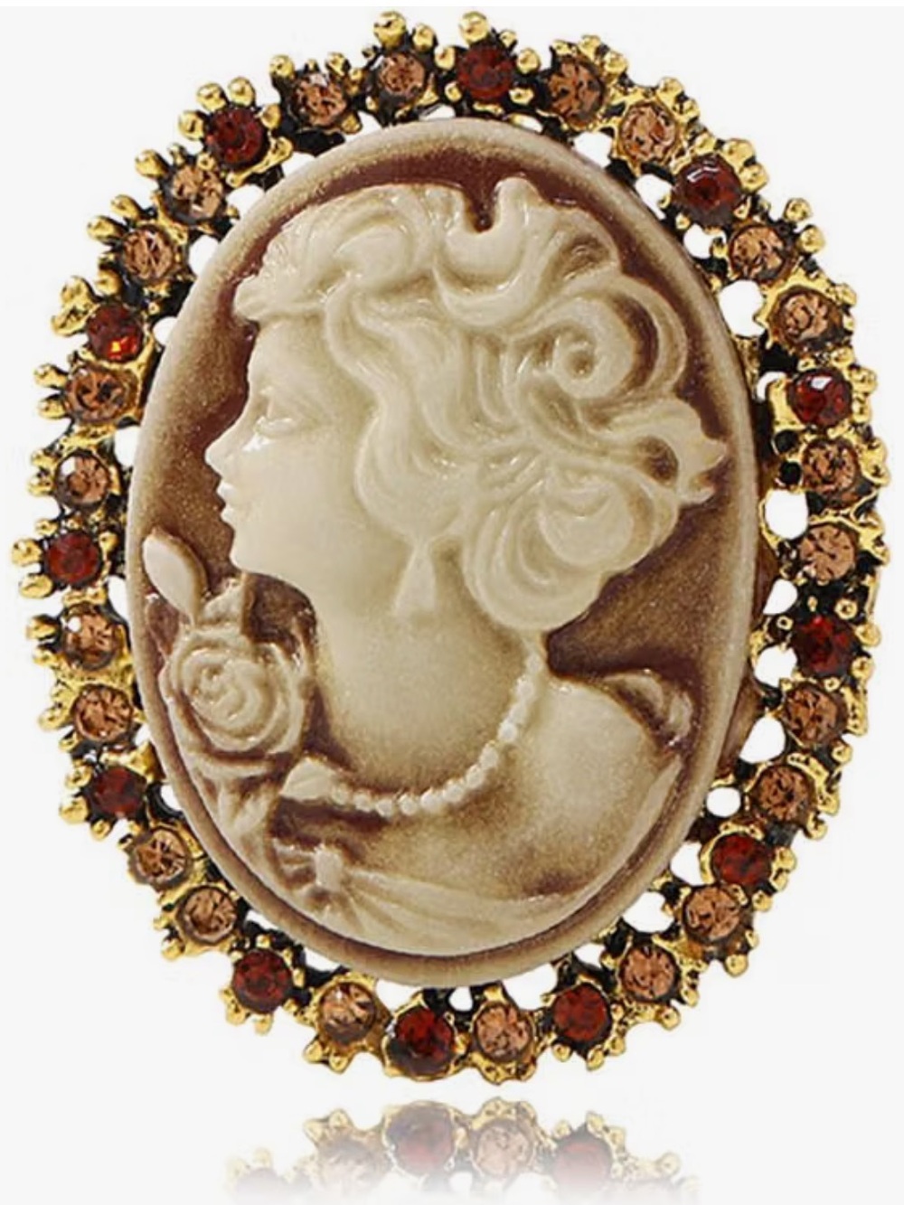 Brown Cameo Brooch Pin with Gold-Tone and Amber Accents